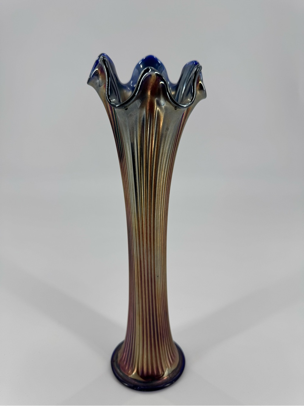 Vintage Fenton Fine Rib Cobalt Blue Carnival Glass Swung Vase